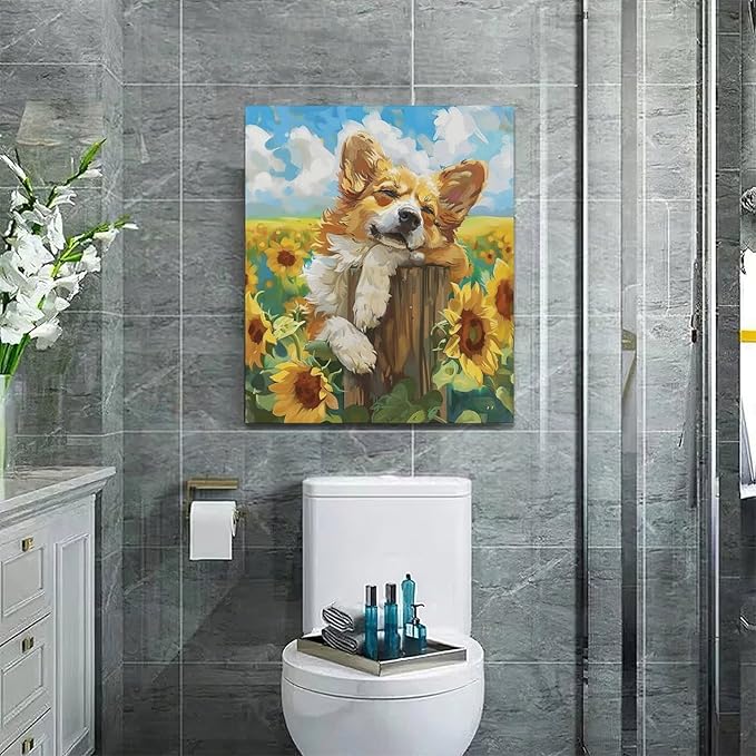 Dog Wall Art Country Sunflower Funny Corgi Pictures Wall Decor Farmhouse Canvas Painting Print Home Modern Artwork Decorations Framed for Bathroom Living Room Bedroom Office 20 x 24 inch