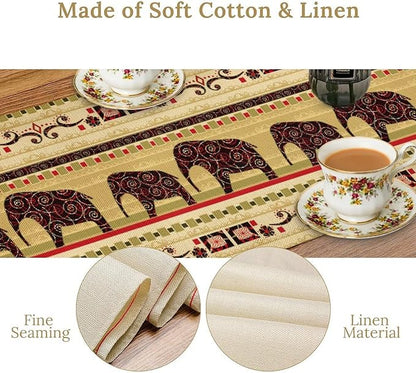 Boho Elephant Table Runner, Vintage Tribal Traditional Bohemian African Animals Ethnic Folk Table Center Decor for Home Kitchen Dining Patio Holiday Party Indoor Table Decorations, 13"x90" Inch