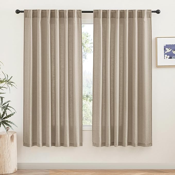RYB HOME Semi Sheer Linen Blend Curtains - Back Tab 70 inches Widith Light Filtering Half Privacy Home Decor for Long Windows Living Room Bedroom Nursery, W 70 x L 84 inch, 2 Pcs, Khaki