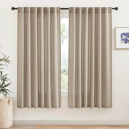 RYB HOME Semi Sheer Linen Blend Curtains - Back Tab 70 inches Widith Light Filtering Half Privacy Home Decor for Long Windows Living Room Bedroom Nursery, W 70 x L 84 inch, 2 Pcs, Khaki