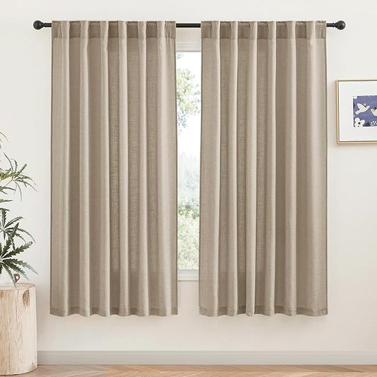 RYB HOME Semi Sheer Linen Blend Curtains - Back Tab 70 inches Widith Light Filtering Half Privacy Home Decor for Long Windows Living Room Bedroom Nursery, W 70 x L 84 inch, 2 Pcs, Khaki