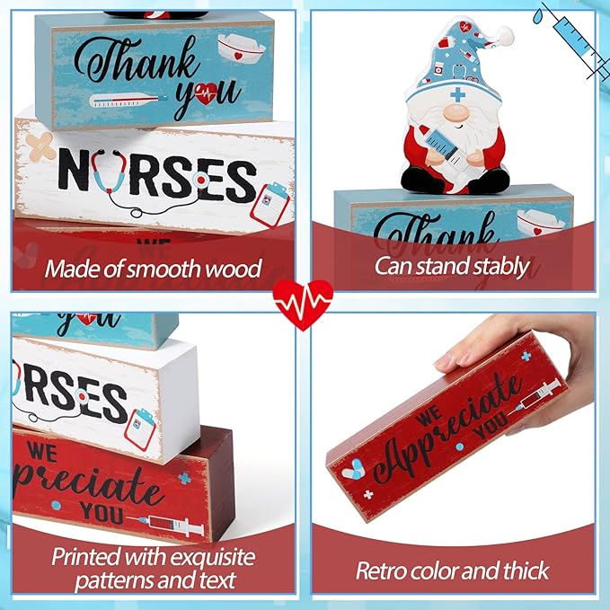 Blosssound 4 Pcs Nurse Appreciation Week Decorations Table Centerpieces Thank You Nurse Wooden Signs Blue Gnome Block Gifts for Medical Rn Students Graduation Party Supplies Tiered Tray Mantel Shelf