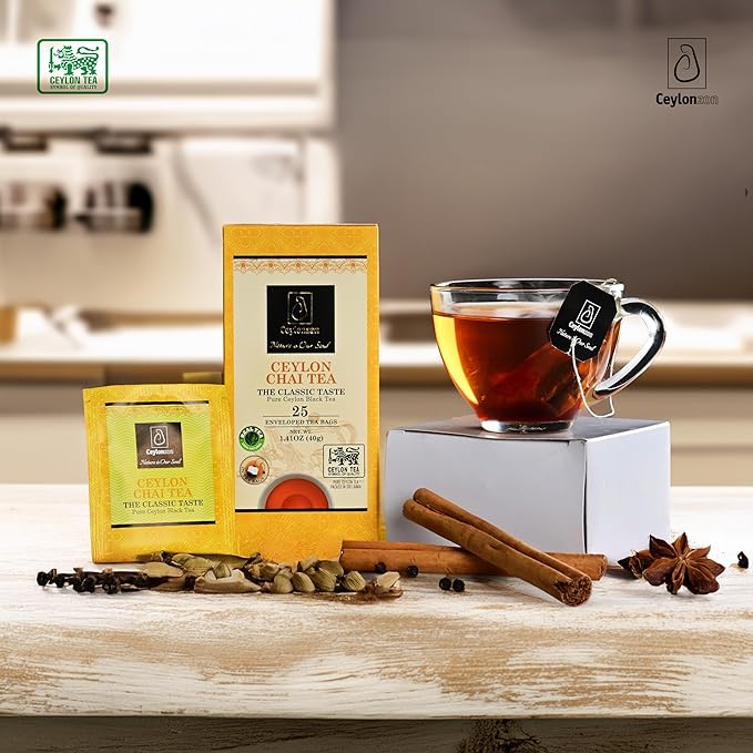Ceylonzon Chai Tea Classic Taste 50 Individually Foil-Wrapped Tea Bags, Pure Ceylon Black Tea with Naturally Rich flavor & Spices, Spice Chai Latte Blend 80g