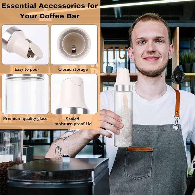 Sugar Dispenser with Pour Spout, 17 oz Glass Sugar Shaker Jar Creamer Dispenser Weighted Pourer for Coffee Bar, Tea & Baking, Sugar Container for Home Kitchen, White