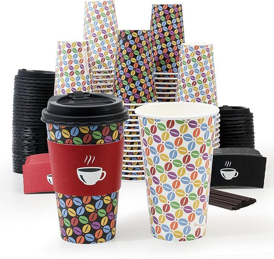 100 Pack 16 oz Disposable Coffee Cups with Lids and Sleeves, To Go Paper Cups for Hot & Cold Beverage, Sturdy Thick Paper & Leak-free, Black & White Designs for Home, Business, Café, Juice or Tea.