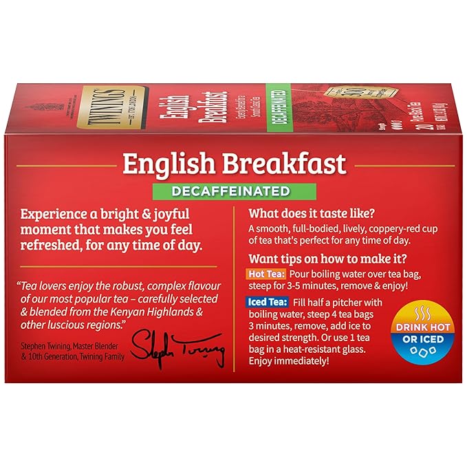 Twinings Decaffeinated English Breakfast Individually Wrapped Bags, 20 Count (Pack of 6), Flavourful & Robust, Enjoy Hot or Iced | Packaging May Vary