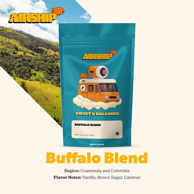 Airship Coffee Buffalo Blend Medium Roast, 250g - Flavor Notes of Vanilla, Brown Sugar, and Caramel - Sourced from Guatemala and Colombia - Roasted Whole Bean Coffee