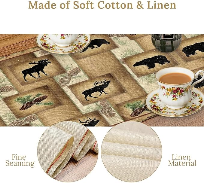 Country Cottage Table Runner, Vintage Bear Deer Elk Moose Cabin Rustic Style Linen Table Runner for Home Kitchen Table Decoration, 13x108 Inch