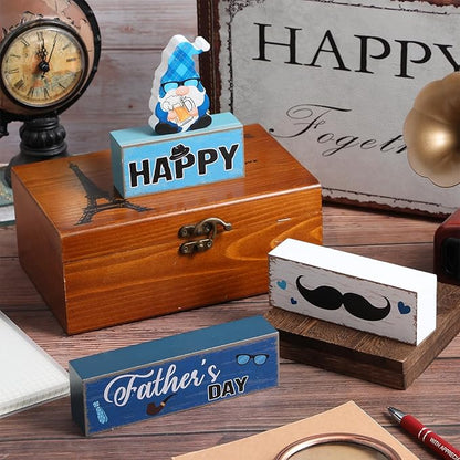 Blosssound 4 Pcs Father's Day Table Decorations Centerpieces Happy Father's Day Wooden Signs Retro Blue White Gnome Block Dad Appreciation Gifts Grandfather Birthday Party Supplies for Shelf Mantel