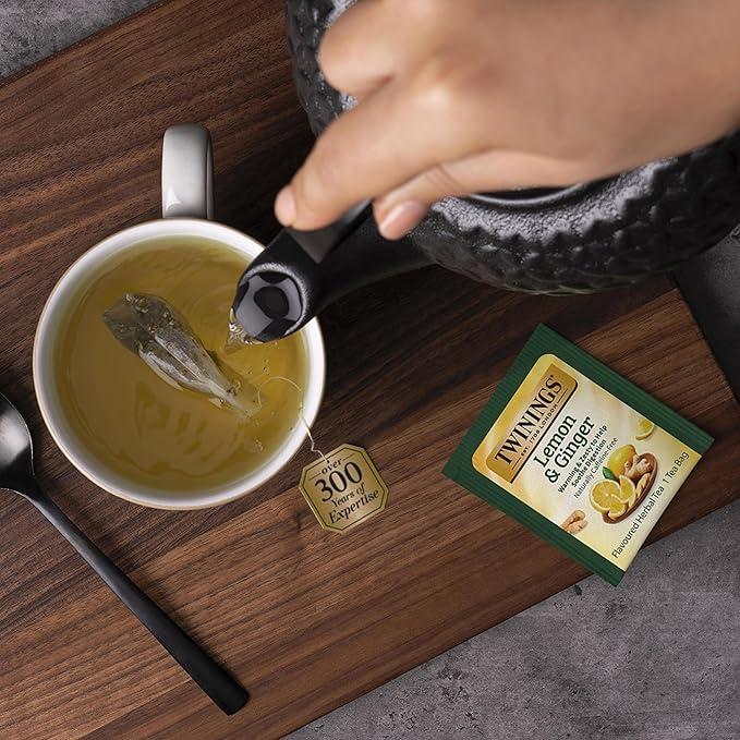 Twinings Lemon & Ginger Herbal Tea Individually Wrapped Bags, 20 Count (Pack of 6), Tangy Lemon, Spicy Ginger, Naturally Caffeine-Free, Enjoy Hot or Iced | Packaging May Vary