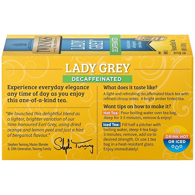 Twinings Decaffeinated Lady Grey Black Tea Individually Wrapped Bags, 20 Count (Pack of 6), Orange Peel & Lemon Peel, Enjoy Hot or Iced | Packaging May Vary