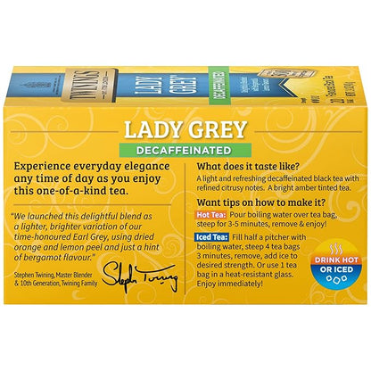 Twinings Decaffeinated Lady Grey Black Tea Individually Wrapped Bags, 20 Count (Pack of 6), Orange Peel & Lemon Peel, Enjoy Hot or Iced | Packaging May Vary