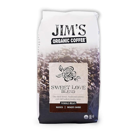 Jim’s Organic Coffee – Sweet Love Blend – Whole Bean, Dark Roast, Bold 11 oz Bag