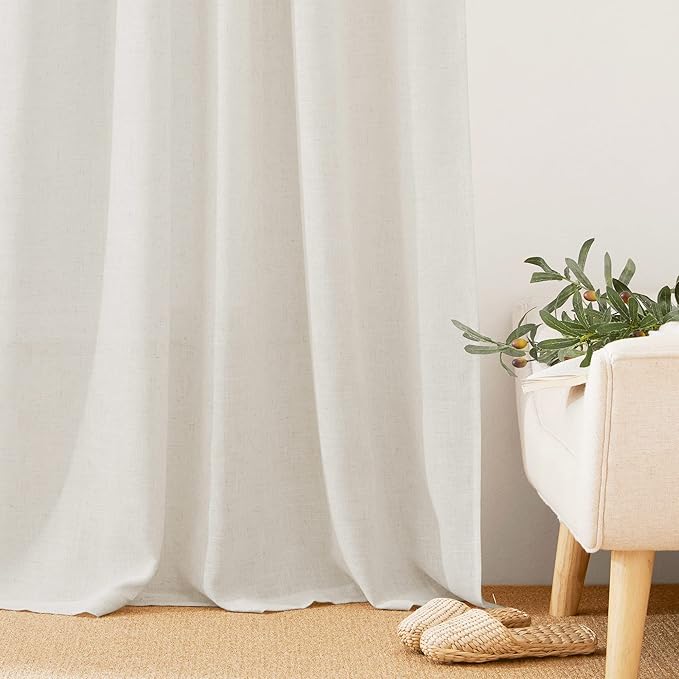 RYB HOME Linen Sheer Valances for Windows, Home Decor Light Filtering Rod Pocket Privacy Semi Sheer Ties for Bedroom Cafe Kitchen, W34 x L24 inches, Linen, 2 Panels