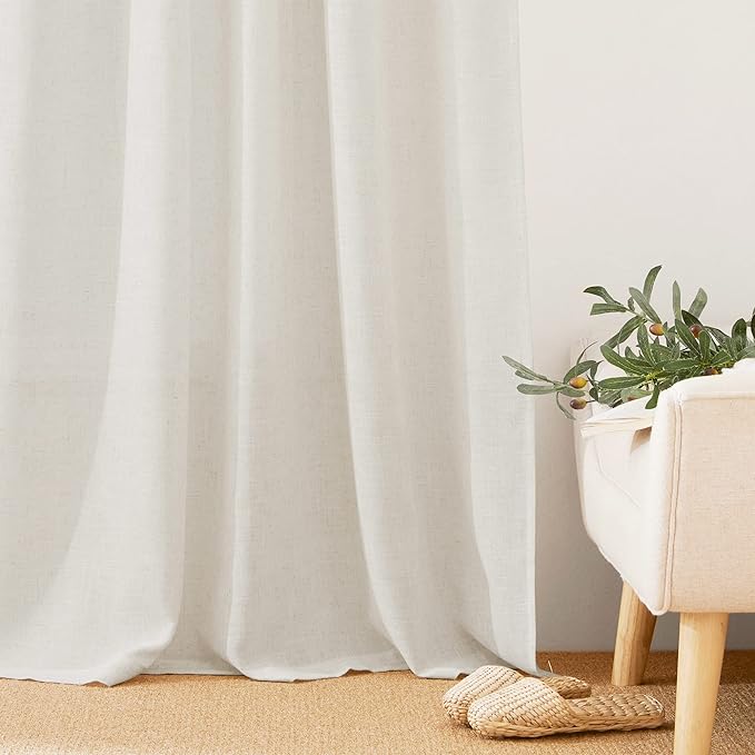RYB HOME Flax Linen Curtains 24 inch Length, Semi Sheer Window Topper Tiers for Home Office Guest Room Cabinet, Rod Pocket Breathable Privacy Assured, W 42 x L 24 inches, Linen, 2 Panels
