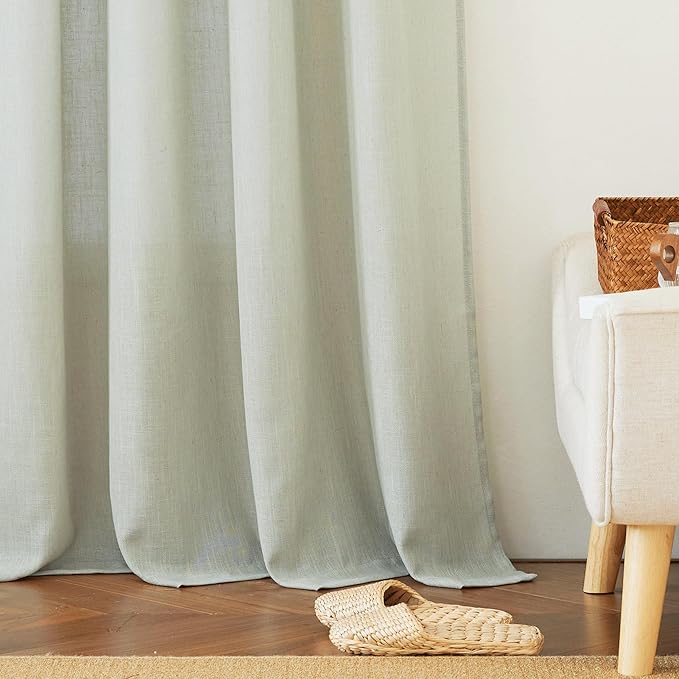 RYB HOME Linen Sheer Curtains for Window Treatments, Light Filtering Privacy Modern Flax Linen Texture Drapes for Dining Room Home Office Bedroom, W 70 x L 84 inches, Sage Green, 2 Panels