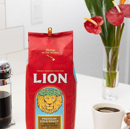 Lion Coffee Premium Gold Roast Ground Coffee, 10% Kona Blend, Medium-Light Roast, A Taste of Aloha - 7 Ounce Bag