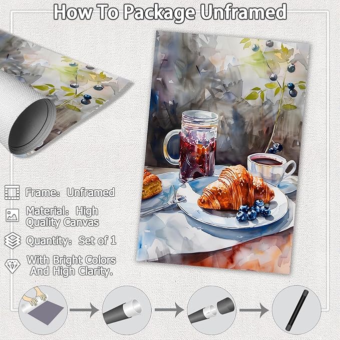 Vintage Coffee Food Kitchen Wall Art Colorful Bread Pastries Drinks Canvas Posters Funky Dining Table Plates Afternoon Tea Prints Painting For Modern Dining Room Cafe Wall Decor 12x16in Unframed