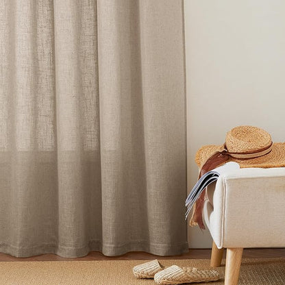 RYB HOME Semi Sheer Linen Blend Curtains - Back Tab 70 inches Widith Light Filtering Half Privacy Home Decor for Long Windows Living Room Bedroom Nursery, W 70 x L 84 inch, 2 Pcs, Khaki