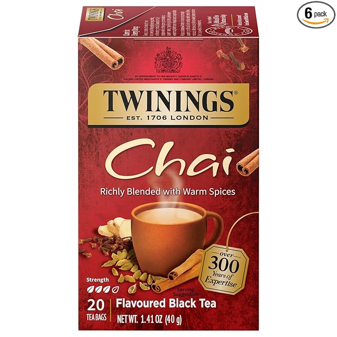 Twinings Chai Black Tea Individually Wrapped Bags, 20 Count (Pack of 6), Sweet, Savoury Spices, Caffeinated, Enjoy Hot or Iced | Packaging May Vary