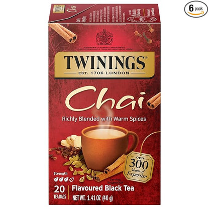 Twinings Chai Black Tea Individually Wrapped Bags, 20 Count (Pack of 6), Sweet, Savoury Spices, Caffeinated, Enjoy Hot or Iced | Packaging May Vary
