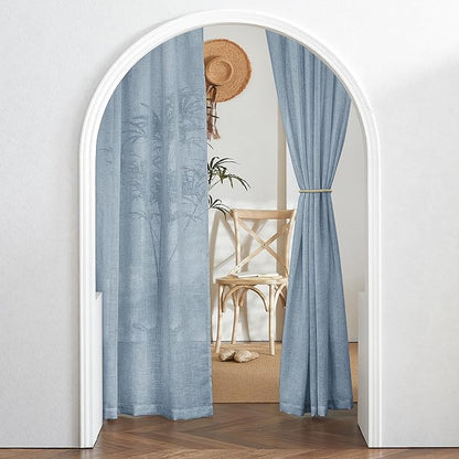 RYB HOME Semi Sheer Curtains for Small Window Doorway, Thick Linen Burlap Half Privacy Machine Washable Natural for Cafe Kitchen Glass Door, W 52 x L 45 inch, 2 Pcs, Dusty Blue