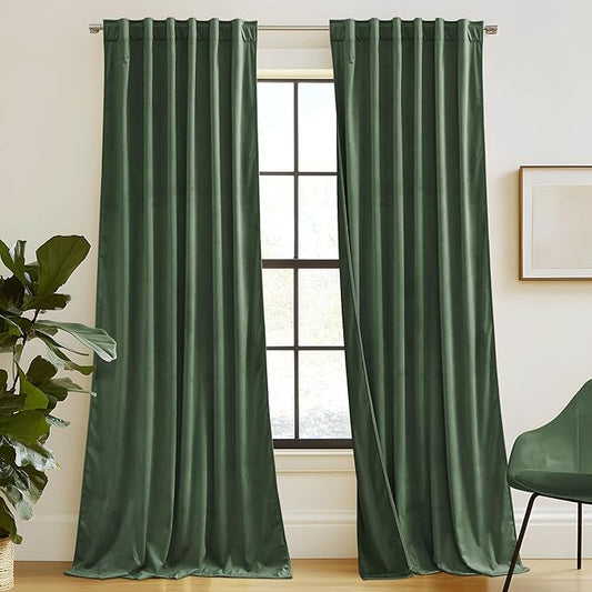 RYB HOME Elegant Green Velvet Curtains 84 inches Long, Light Blocking, Thermal Insulated, Stylish Back Tab Velvet Drapes for Cozy Home Aesthetics, 52" W x L90 L, 2 Panels Set