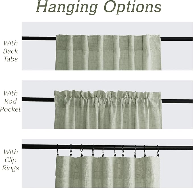 RYB HOME Linen Sheer Curtains and Drapes for Living Room and Dining Room 90 inches Length, Breathable Back Tab/Rod Pocket Semi Sheer Curtains, Sage Green, W 52 x L 90 inches, 2 Panels Set