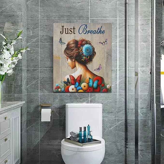 Just Breathe Butterfly Girl Wall Art Aesthetic Girls Room Decor Colorful Flying Butterfly female Woman Pictures Canvas Painting Artwork Decorations Framed for Bedroom Bathroom Office 24 x 20 inch