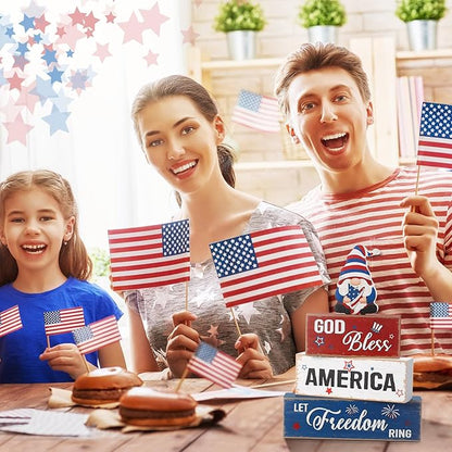 Blosssound 4 Pcs Patriotic Table Decorations Centerpieces 4th of July Wooden Signs Gnome Red White and Blue God Bless America Wood Block Gifts for Independence Memorial Day Tiered Tray Mantel Shelf