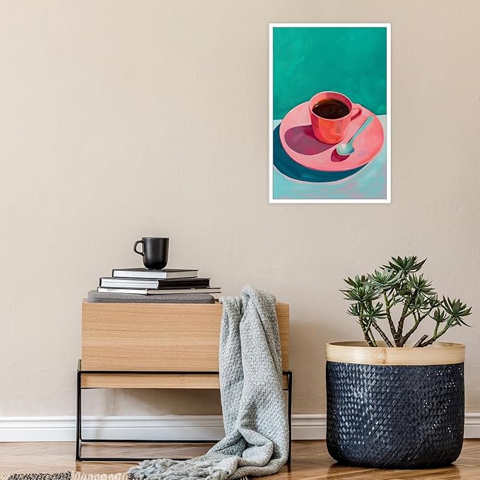 Vintage Afternoon Tea Black Coffee Wall Art Funky Pink Dinner Plate Food Canvas Posters Kitchen Coffee Pictures Prints Painting For Modern Home Dining Room Cafe Restaurant Wall Decor 16x24in Unframed