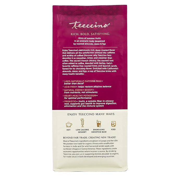 Teeccino Almond Amaretto Chicory Coffee Alternative - Ground Herbal Coffee That’s Prebiotic, Caffeine Free & Acid Free, Medium Roast, 11 Ounce (Pack of 6)
