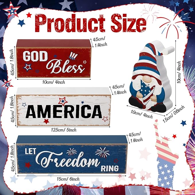 Blosssound 4 Pcs Patriotic Table Decorations Centerpieces 4th of July Wooden Signs Gnome Red White and Blue God Bless America Wood Block Gifts for Independence Memorial Day Tiered Tray Mantel Shelf