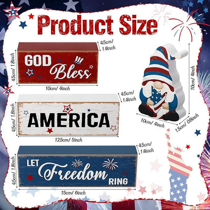 Blosssound 4 Pcs Patriotic Table Decorations Centerpieces 4th of July Wooden Signs Gnome Red White and Blue God Bless America Wood Block Gifts for Independence Memorial Day Tiered Tray Mantel Shelf