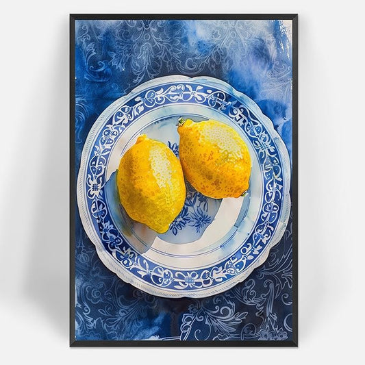 Vintage Yellow Fruit Orange Kitchen Wall Art Funky Blue Dining Table Plates Ceramics Canvas Posters Family Restaurant Food Fruits Prints Painting For Modern Living Room Wall Decor 16x24in Framed