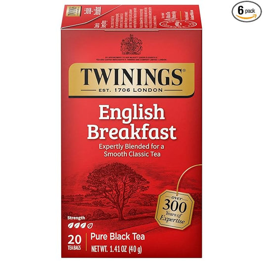 Twinings English Breakfast Black Tea Individually Wrapped Bags, 20 Count (Pack of 6), Flavourful, Robust, Caffeinated, Enjoy Hot or Iced | Packaging May Vary