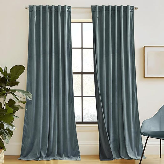 RYB HOME Dusty Blue Velvet Drapes for Baby Boy Bedroom, Thermal Insulated, Light Blocking, Floor-Length Back Tab Velvet Curtains for Modern Home Decor, 52" W x L96 L, 2 Panels Set