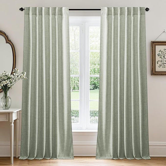 RYB HOME Linen Sheer Curtains and Drapes for Living Room and Dining Room 72 inches Length, Breathable Back Tab/Rod Pocket Semi Sheer Curtains, Sage Green, W 52 x L 72 inches, 2 Panels Set