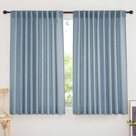 RYB HOME Semi Sheer Curtains for Small Window Doorway, Thick Linen Burlap Half Privacy Machine Washable Natural for Cafe Kitchen Glass Door, W 52 x L 45 inch, 2 Pcs, Dusty Blue