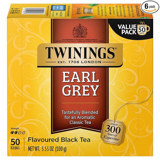 Twinings Earl Grey Black Tea Individually Wrapped Bags, 50 Count (Pack of 6), Flavoured with Citrus and Bergamot, Caffeinated, Enjoy Hot or Iced | Packaging May Vary
