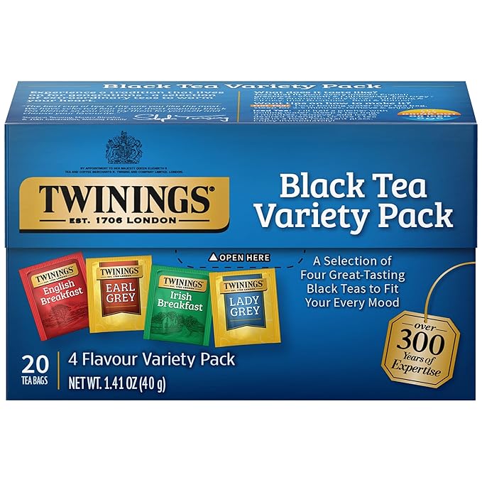 Twinings Variety Pack Black Tea Bags, 20 Count (Pack of 6), Includes English Breakfast, Early Grey, Irish Breakfast, and Lady Grey, Caffeinated, Enjoy Hot or Iced | Packaging May Vary