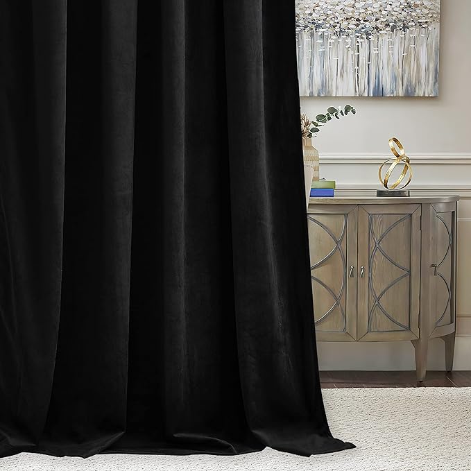 RYB HOME Black Velvet Curtains 102 inches, Back Tab Soft Fabric Blackout Thermal Insulated Luxurious Home Decor Curtains for Living Room Bedroom, W 52" x L 102", 2 Panels Set