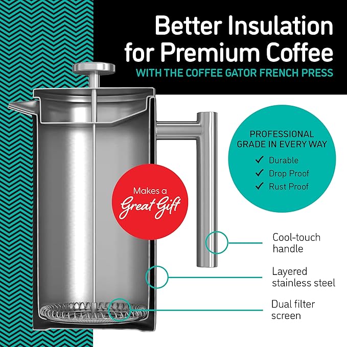 Coffee Gator French Press Coffee Maker, Stainless Steel, 34oz – Insulated Double Wall, Prensa Francesa Para Cafe, Tea Press, Glass & Small French Press Silver