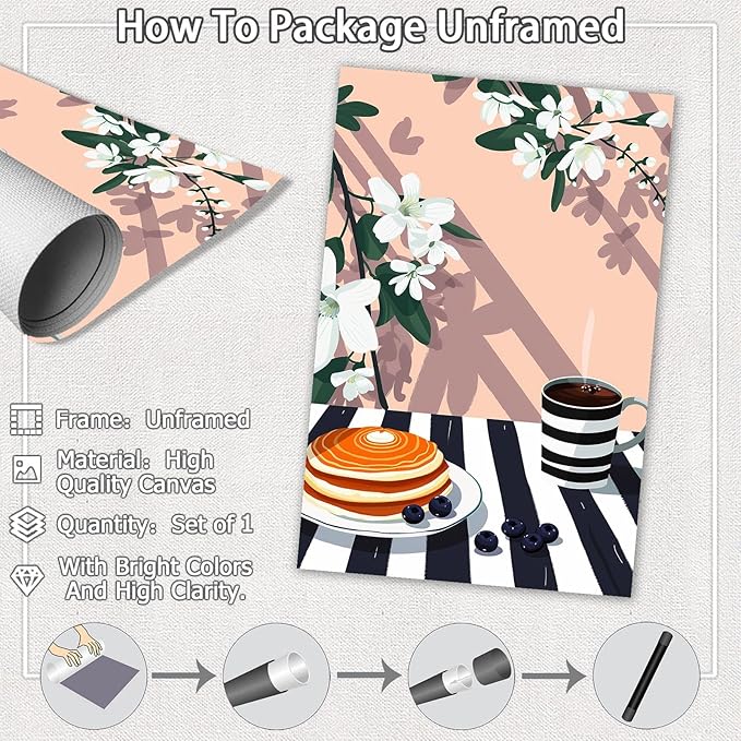 Vintage Dining Table Afternoon Tea Wall Art Funky Coffee Food Flowers Canvas Posters Cakes Bread Pastries Kitchen Prints Painting For Modern Home Dining Room Bakery Cafe Wall Decor 8x10in Unframed