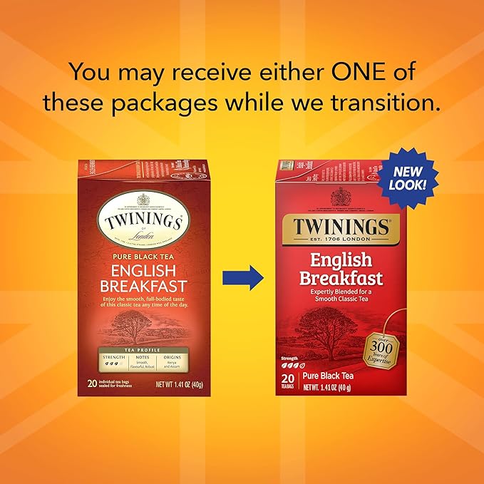 Twinings English Breakfast Black Tea Individually Wrapped Bags, 20 Count (Pack of 6), Flavourful, Robust, Caffeinated, Enjoy Hot or Iced | Packaging May Vary