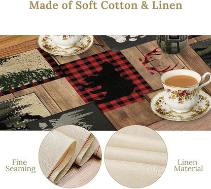 Country Cottage Table Runner, Vintage Bear Deer Elk Moose Rustic Style Linen Table Runner for Home Kitchen Table Decoration, 13x120 Inch