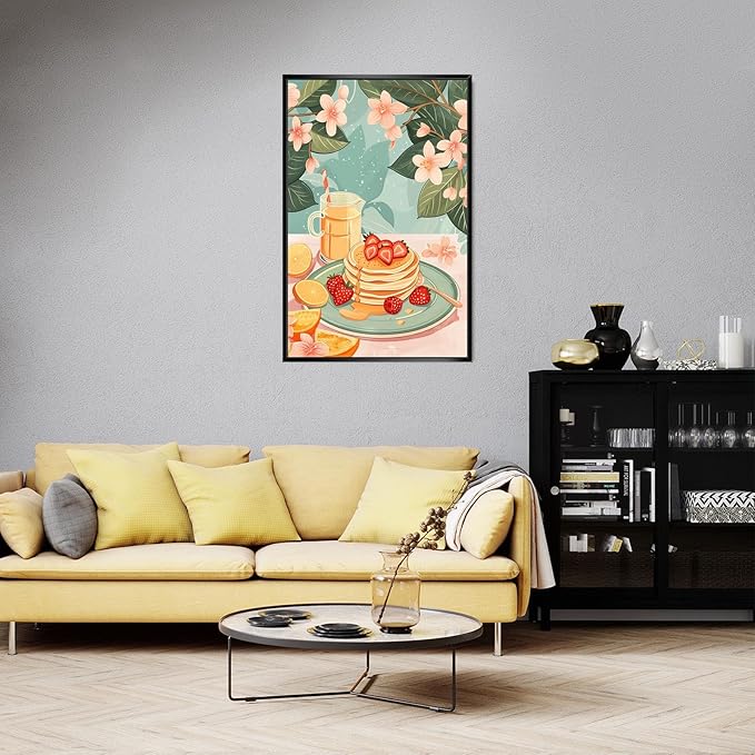 Vintage Food Afternoon Tea Kitchen Wall Art Funny Drinks Fruits Food Pastries Canvas Posters Funky Pink Strawberry Cake Orange Flowers Prints Painting For Living Room Wall Decor 24x36in Framed