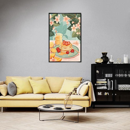 Vintage Food Afternoon Tea Kitchen Wall Art Funny Drinks Fruits Food Pastries Canvas Posters Funky Pink Strawberry Cake Orange Flowers Prints Painting For Living Room Wall Decor 8x10in Framed