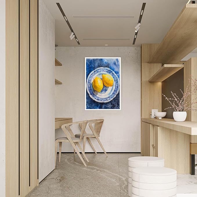 Vintage Yellow Fruit Orange Kitchen Wall Art Funky Blue Dining Table Plates Ceramics Canvas Posters Family Restaurant Food Fruits Prints Painting For Modern Living Room Wall Decor 16x24in Unframed