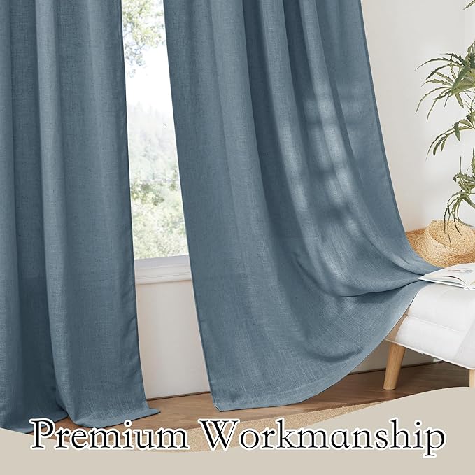RYB HOME Linen Curtains 102 inch Length for Dining Room Doorway, Back Tab Light Filtering Breathable Privacy Assured Durability Window Treatments, W 52 x L 102 inch, 2 Pcs, Stone Blue